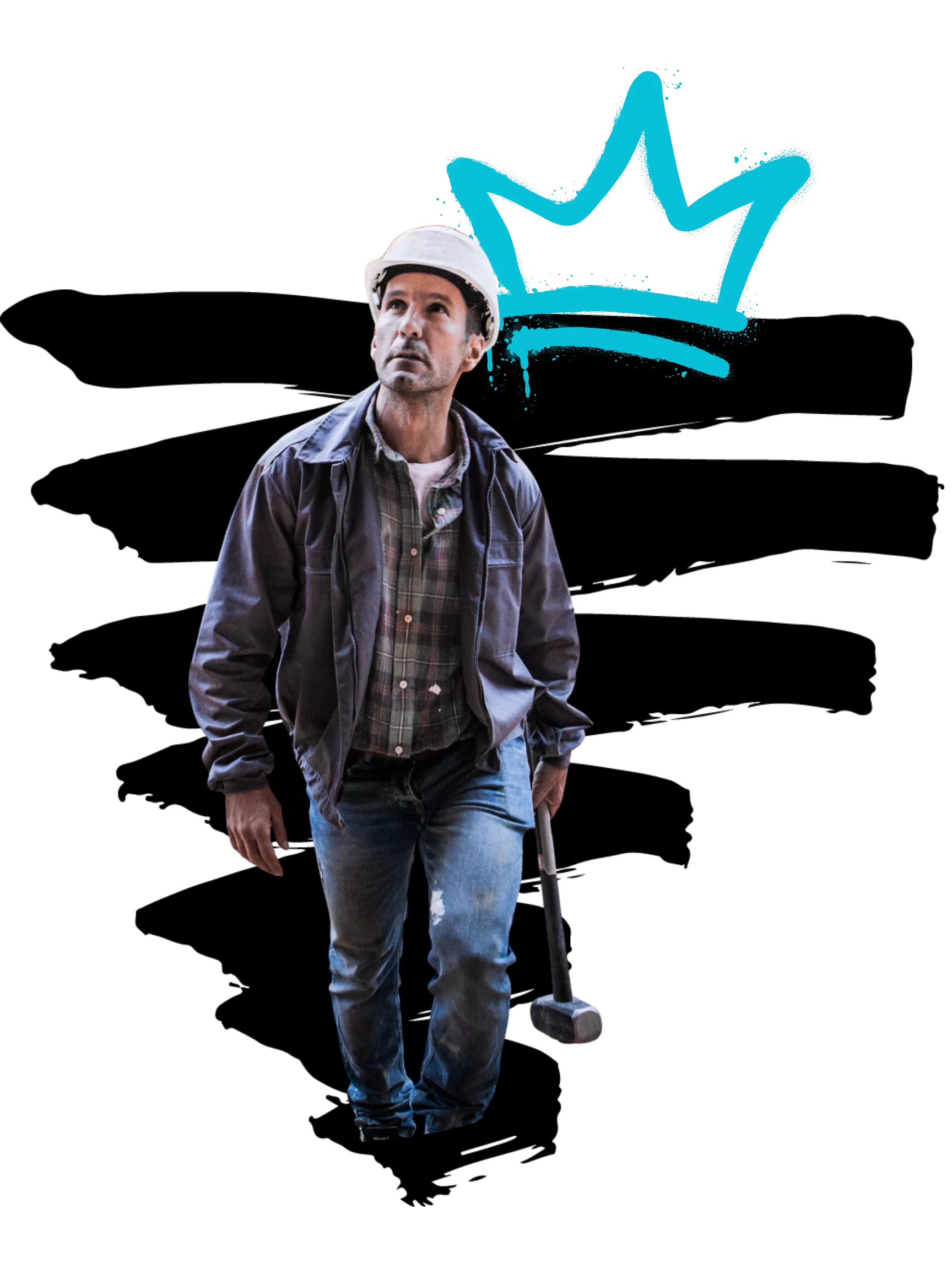 A bricklayer accesses the interior of a building under construction with a sledgehammer in his hand.