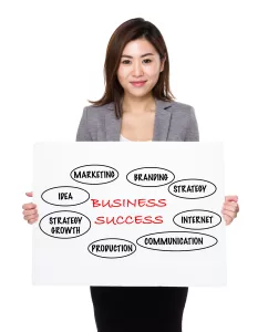 Asian businesswoman holding a poster presenting business success concept