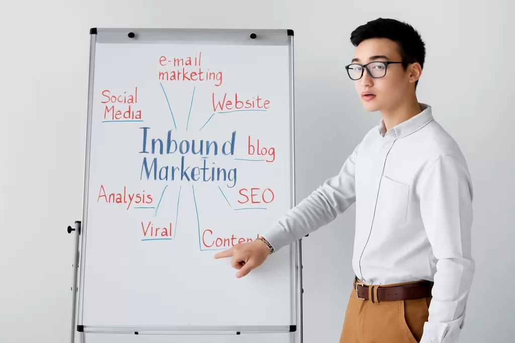 seo manager pointing with hand at flipchart with concept words of B2B inbound marketing